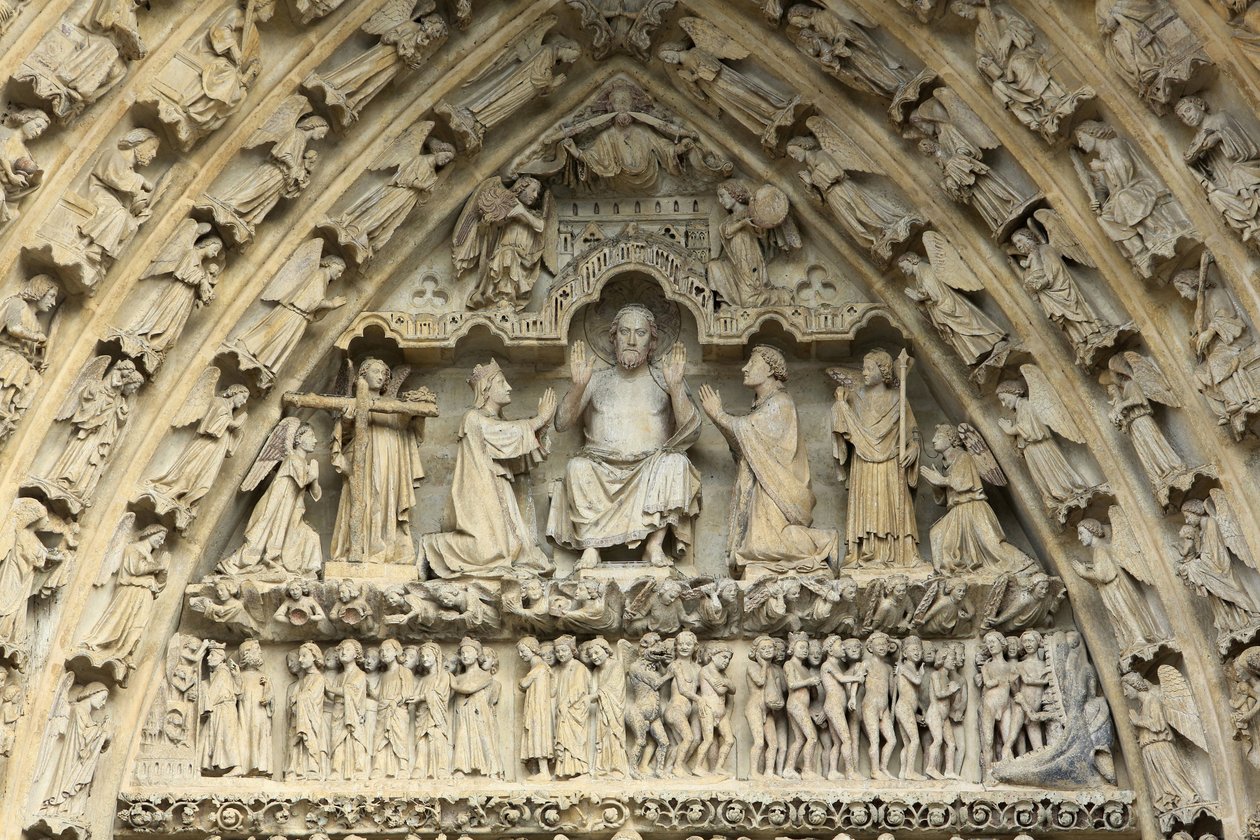 Timpano del portale del Giudizio Universale: Cristo del Giudizio. Al suo fianco, in ginocchio, la Vergine Maria e San Giovanni intercedono per la salvezza delle anime. Cattedrale di Amiens da Unbekannt