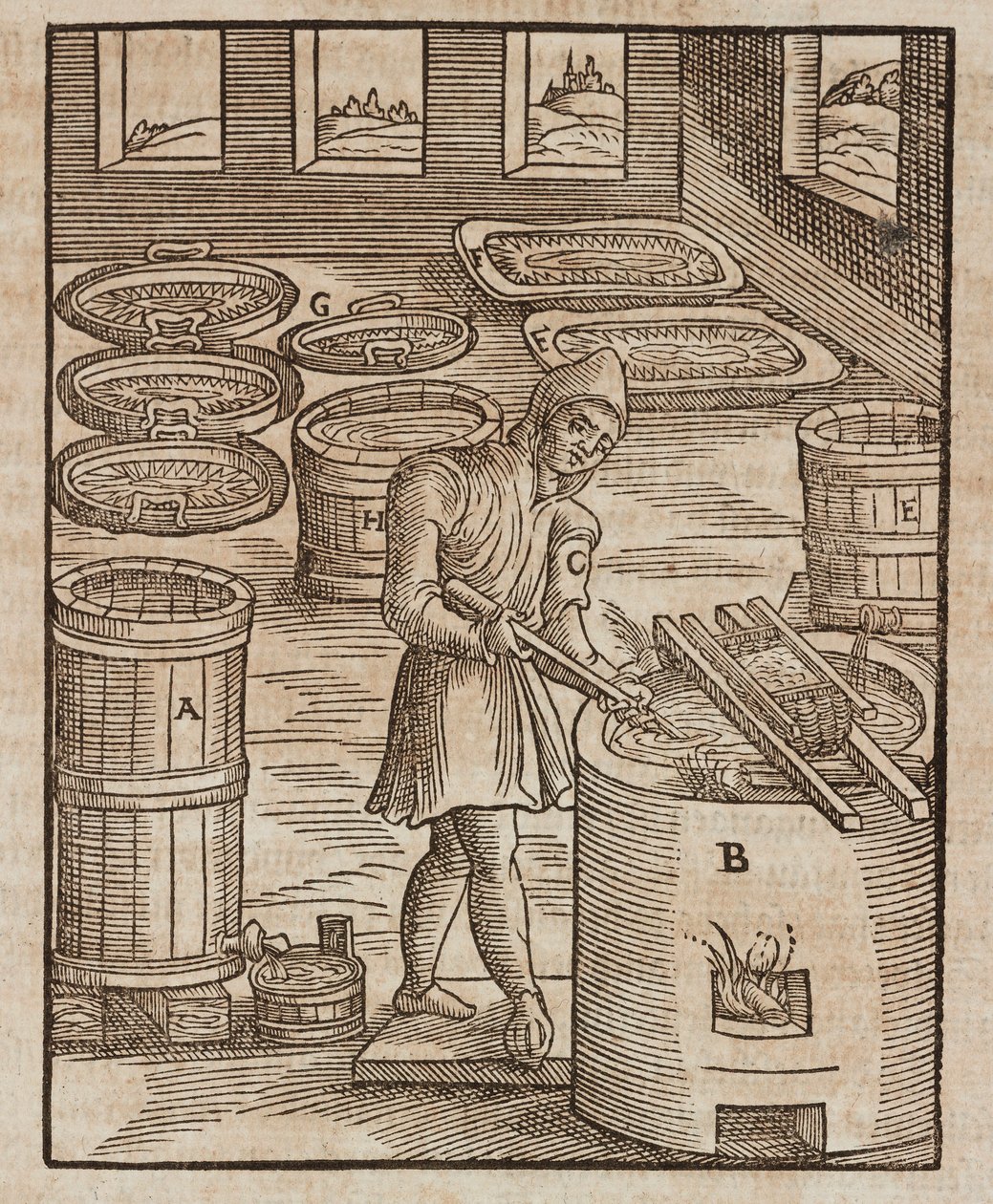 Un uomo testa il salnitro, utilizzato nella polvere da sparo e la conservazione della carne - Incisione tratta da Descrizione dei minerali e dei principali metodi di sfruttamento minerario, di Lazarus Ecker da Unbekannt