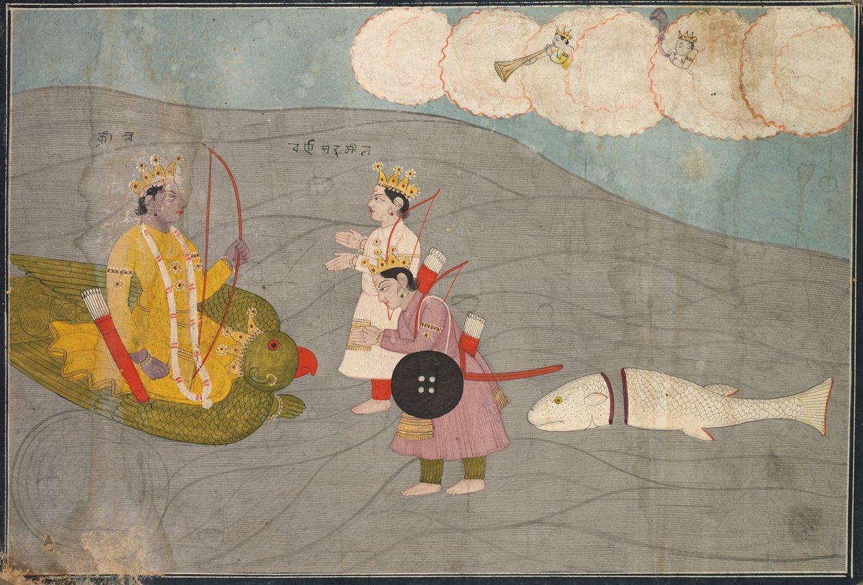 I figli di Vanasura si sottomettono a Krishna: Scena dalla sezione Aniruddha Usha di Krishna Lila, c. 1840 da Unbekannt