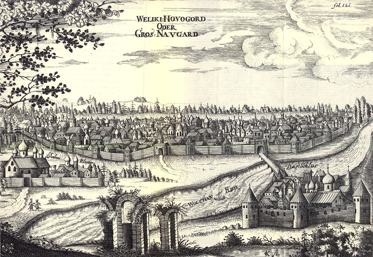 Velikiy Novgorod, illustrazione da Viaggi al Gran Duca di Moscovia e al Re di Persia di Adam Olearius, 1656 da Unbekannt