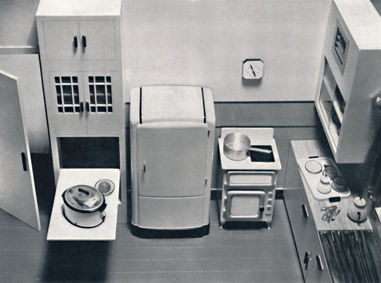 Vista di una cucina, progettata da H.M.V. Household Appliances, 1938 da Unbekannt