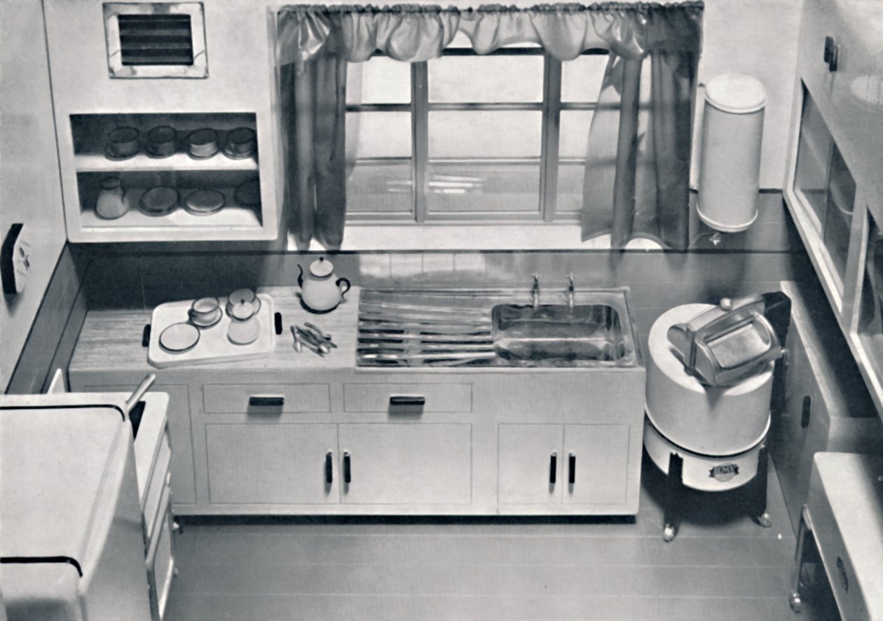 Vista di una cucina, progettata da H.M.V. Household Appliances, 1938 da Unbekannt