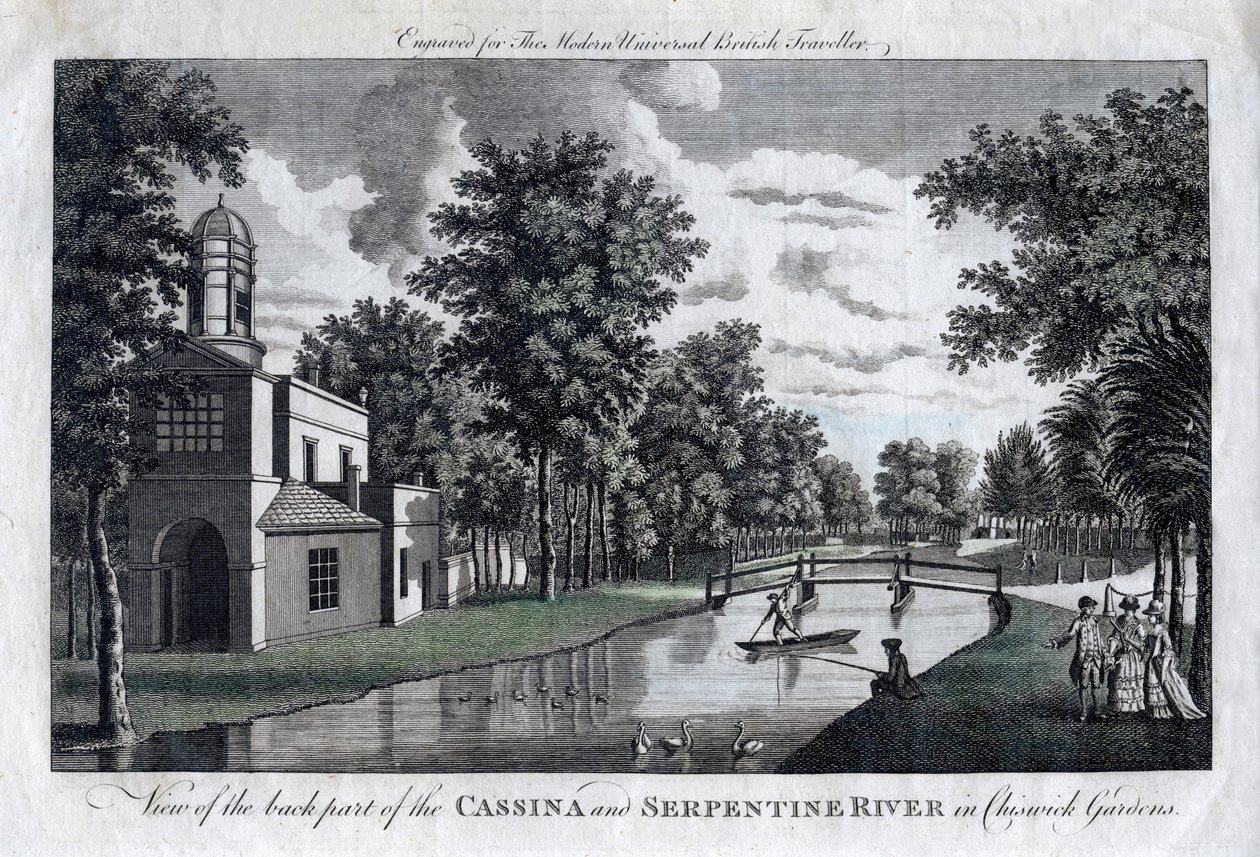 Vista della parte posteriore della Cassina e del fiume Serpentine nei Giardini di Chiswick, Londra da Unbekannt