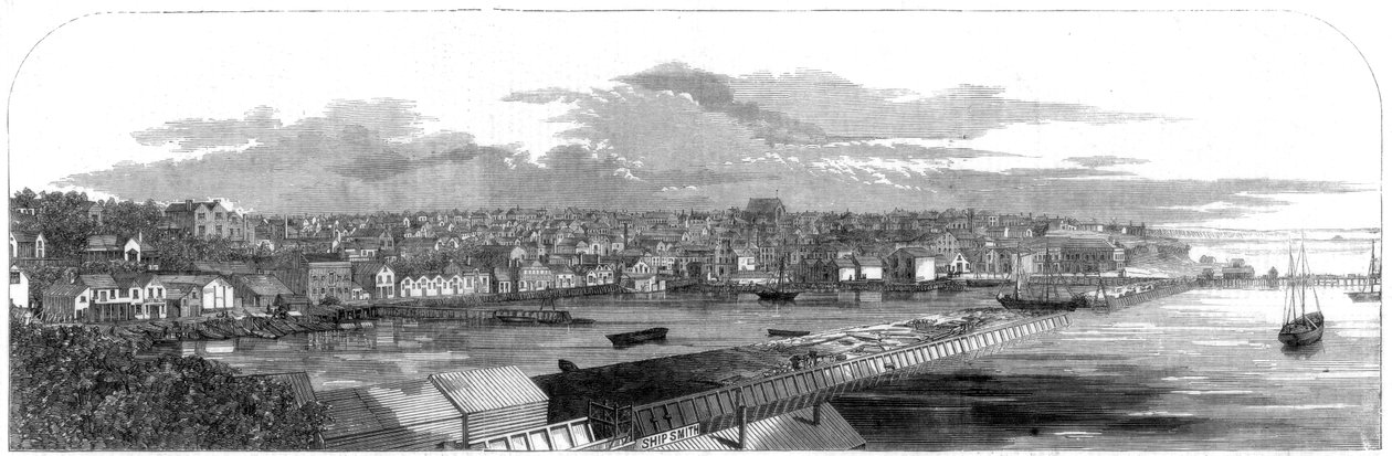 Veduta della città di Auckland, Nuova Zelanda, con il nuovo lungomare commerciale, 1860 da Unbekannt