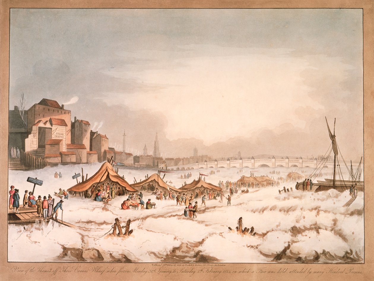 Veduta del Tamigi ghiacciato al largo di Three Cranes Wharf, Londra, 1814 da Unbekannt