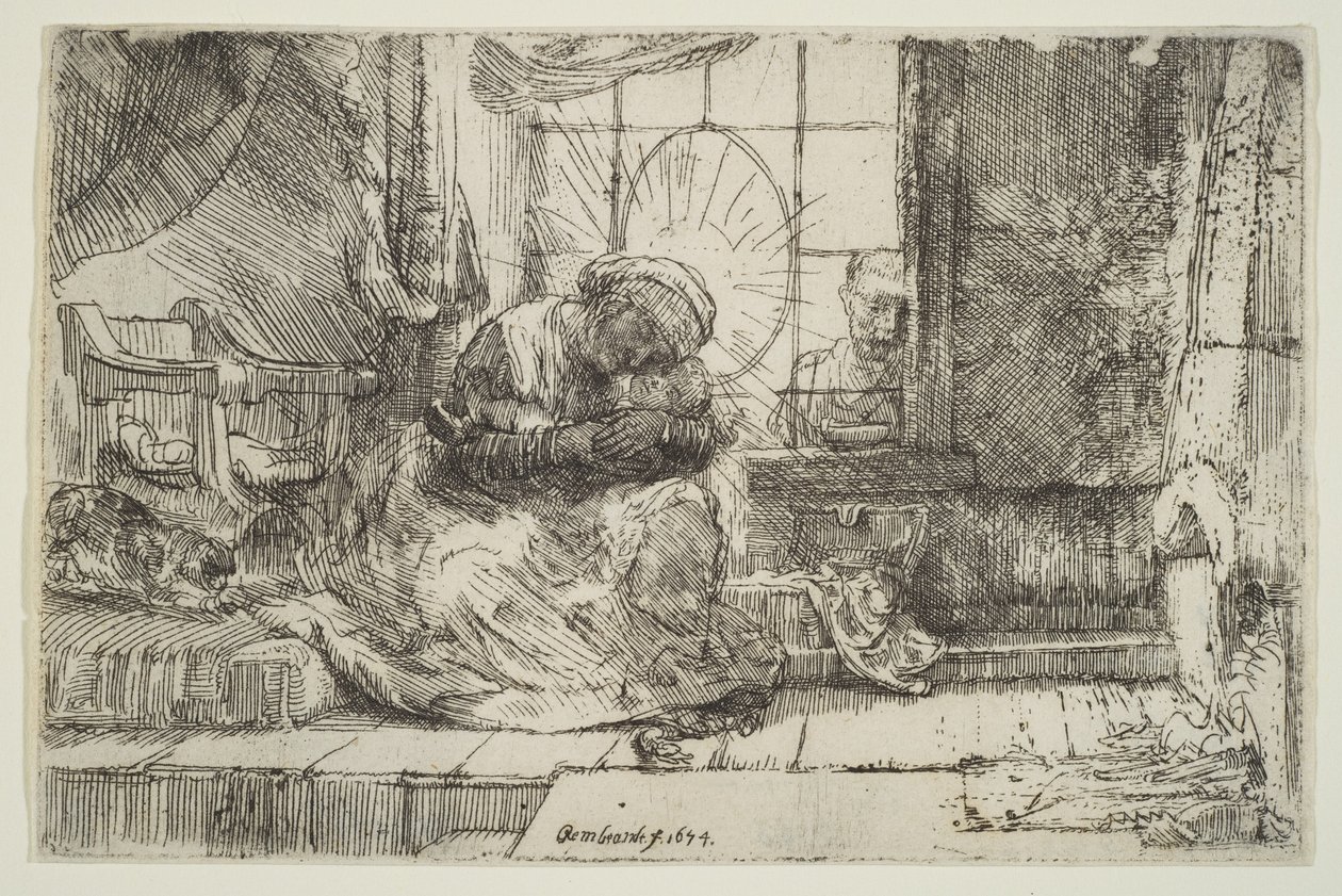 Vergine e bambino con il gatto: e Giuseppe alla finestra, 1654 da Unbekannt