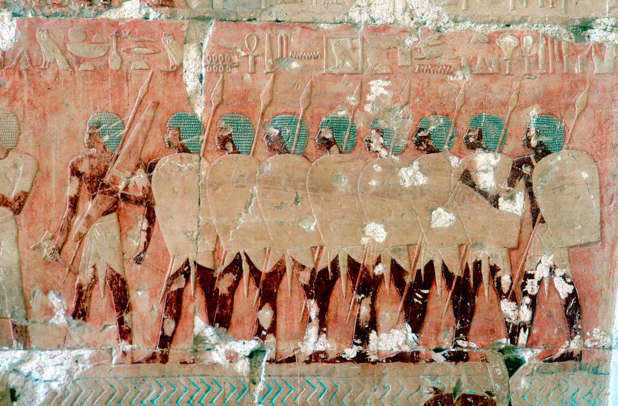 Dipinto murale di soldati egiziani in spedizione, Tempio della Regina Hatshepsut, Luxor, c. 1470 a.C. da Unbekannt