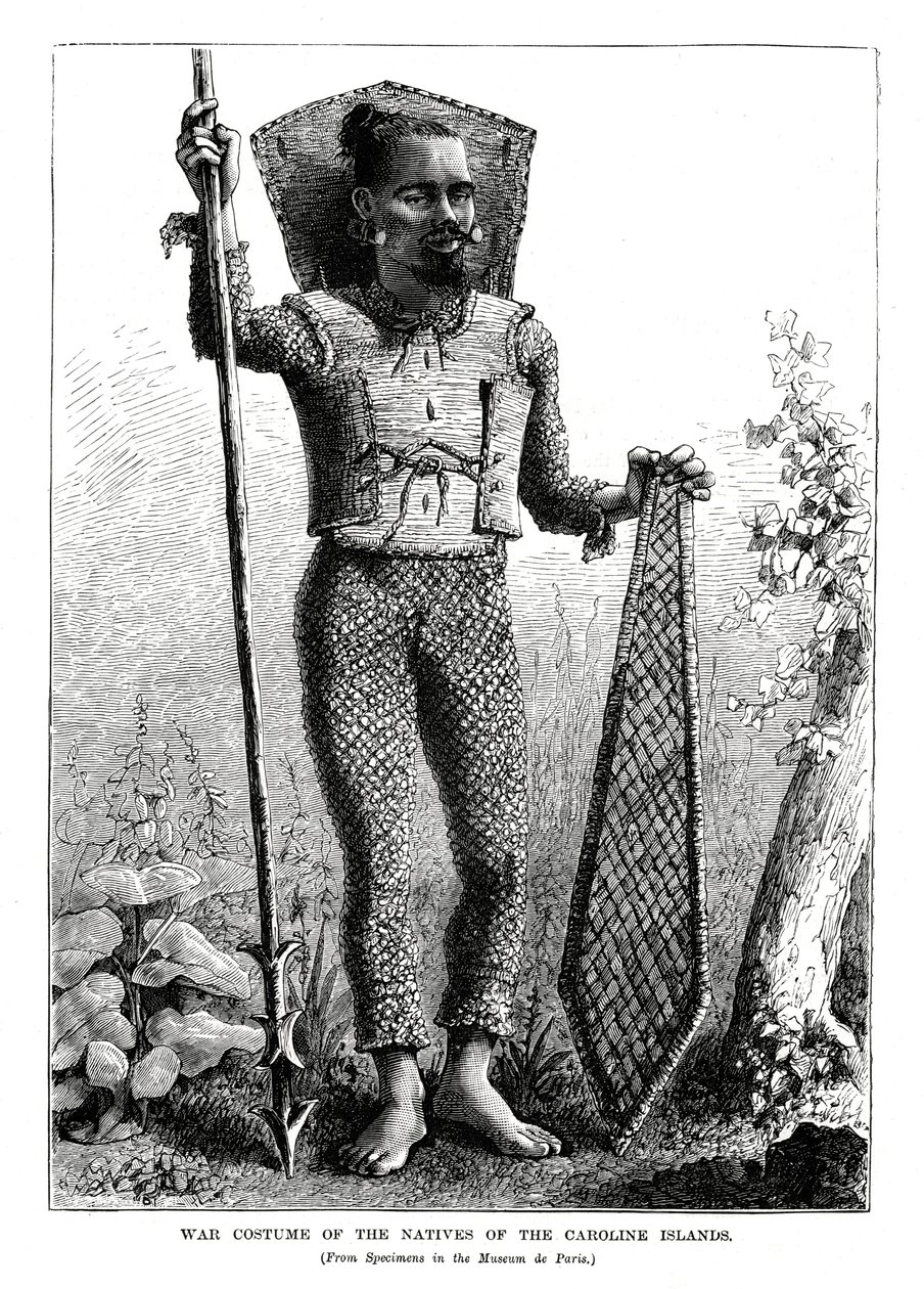 Costume di guerra dei nativi delle Isole Caroline, Oceano Pacifico centrale, 1877 da Unbekannt