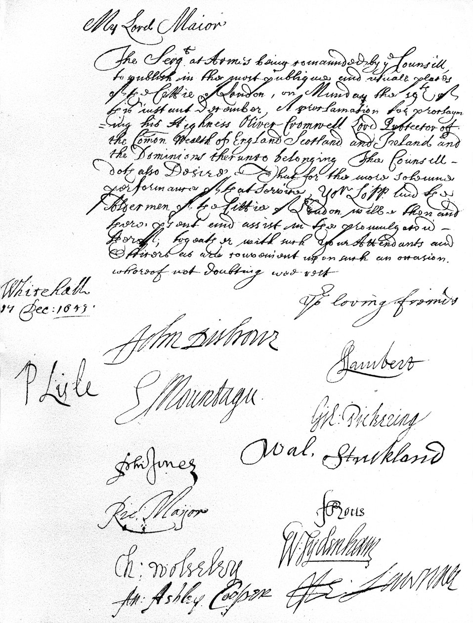 Mandato del Consiglio di Stato al sindaco di Londra, chiedendogli e agli assessori di partecipare alla proclamazione di Oliver Cromwell come Lord Protettore del Commonwealth d