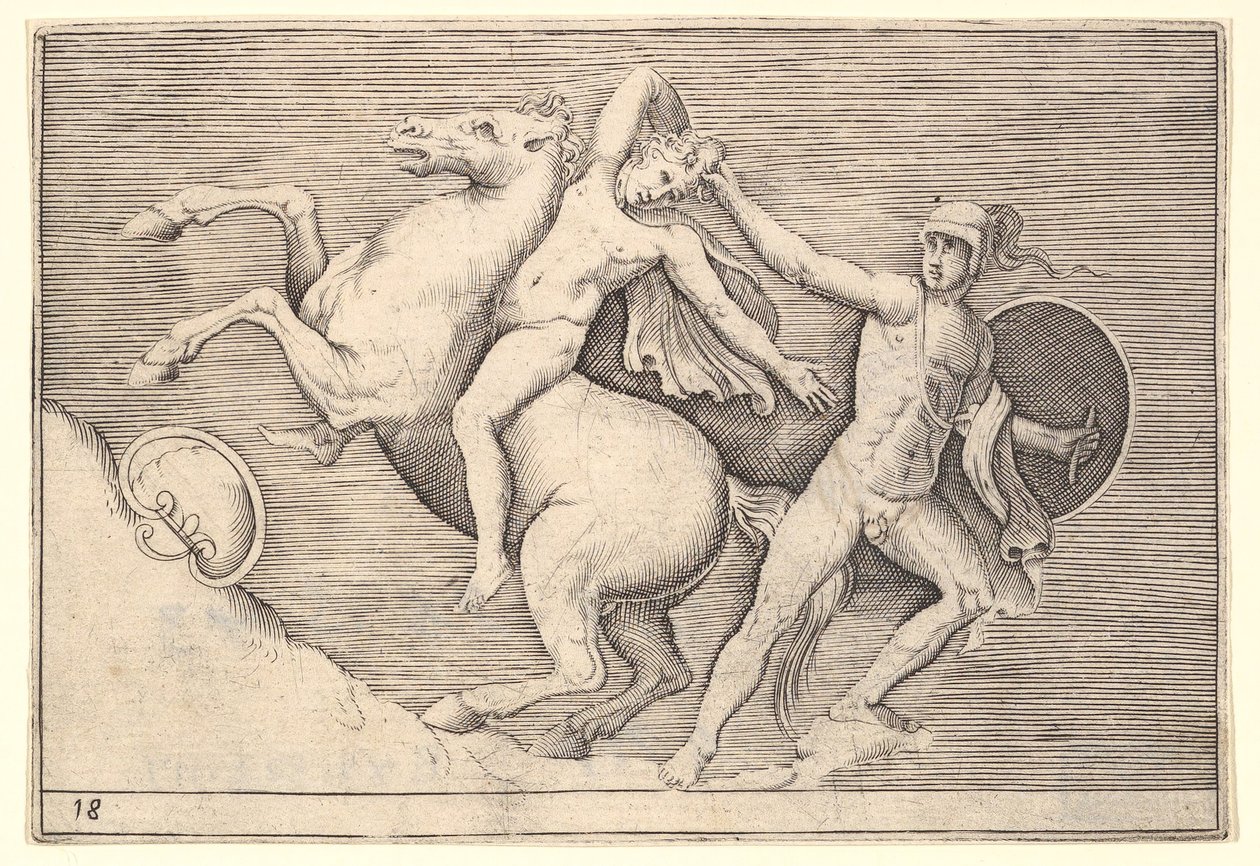 Guerriero che tira un cavaliere dal suo cavallo, da Ex Antiquis Camorum et Ge..., pubblicato ca. 1599-1622 da Unbekannt