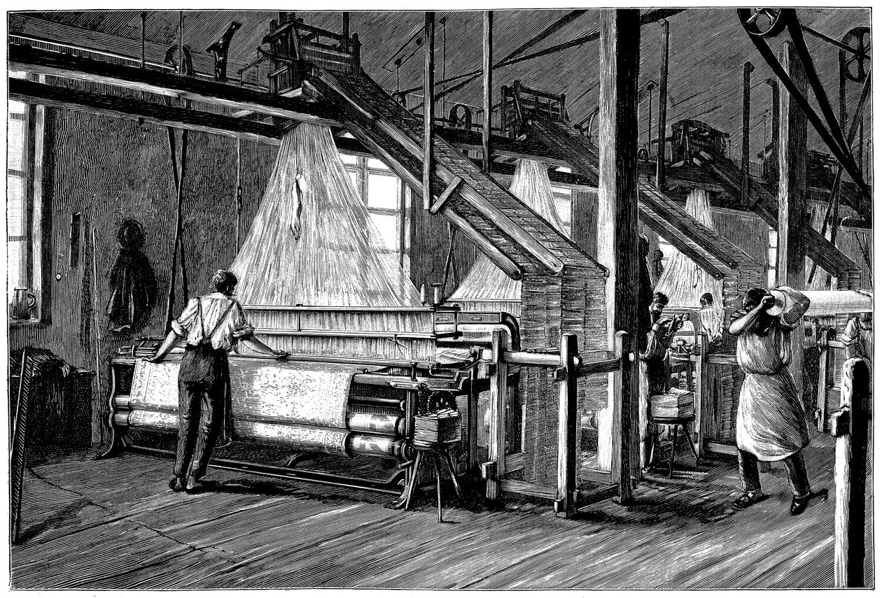 Capannone di tessitura dotato di telai Jacquard, c1880 da Unbekannt
