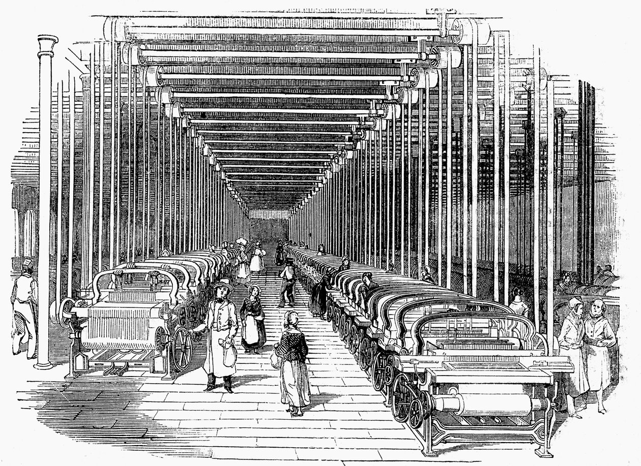 Reparto tessitura con file di telai meccanici azionati da cinghie e alberi, c1840 da Unbekannt