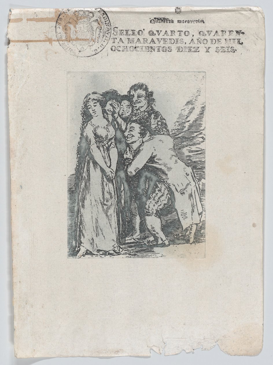 Che sacrificio, una giovane donna circondata da un gruppo di uomini, che include il suo fidanzato, dopo il 1816 da Unbekannt