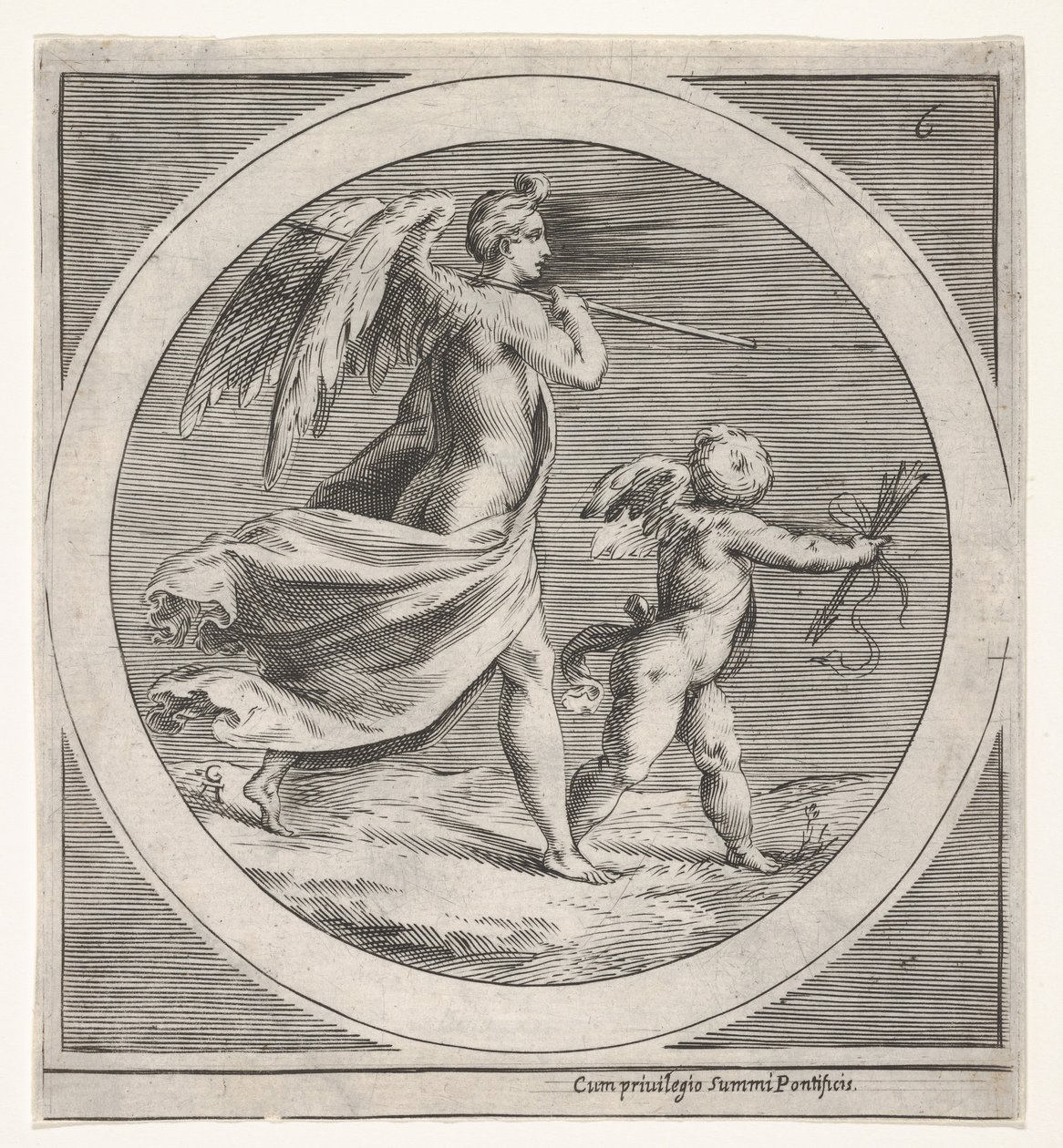 Figura femminile alata, drappeggiata e con un bastone, che cammina dietro un putto alato..., ca. 1550-1600 da Unbekannt