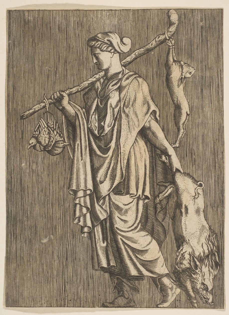 Donna che torna da una caccia portando un cinghiale nella mano sinistra e un bastone nella r..., ca. 1515-1600 da Unbekannt