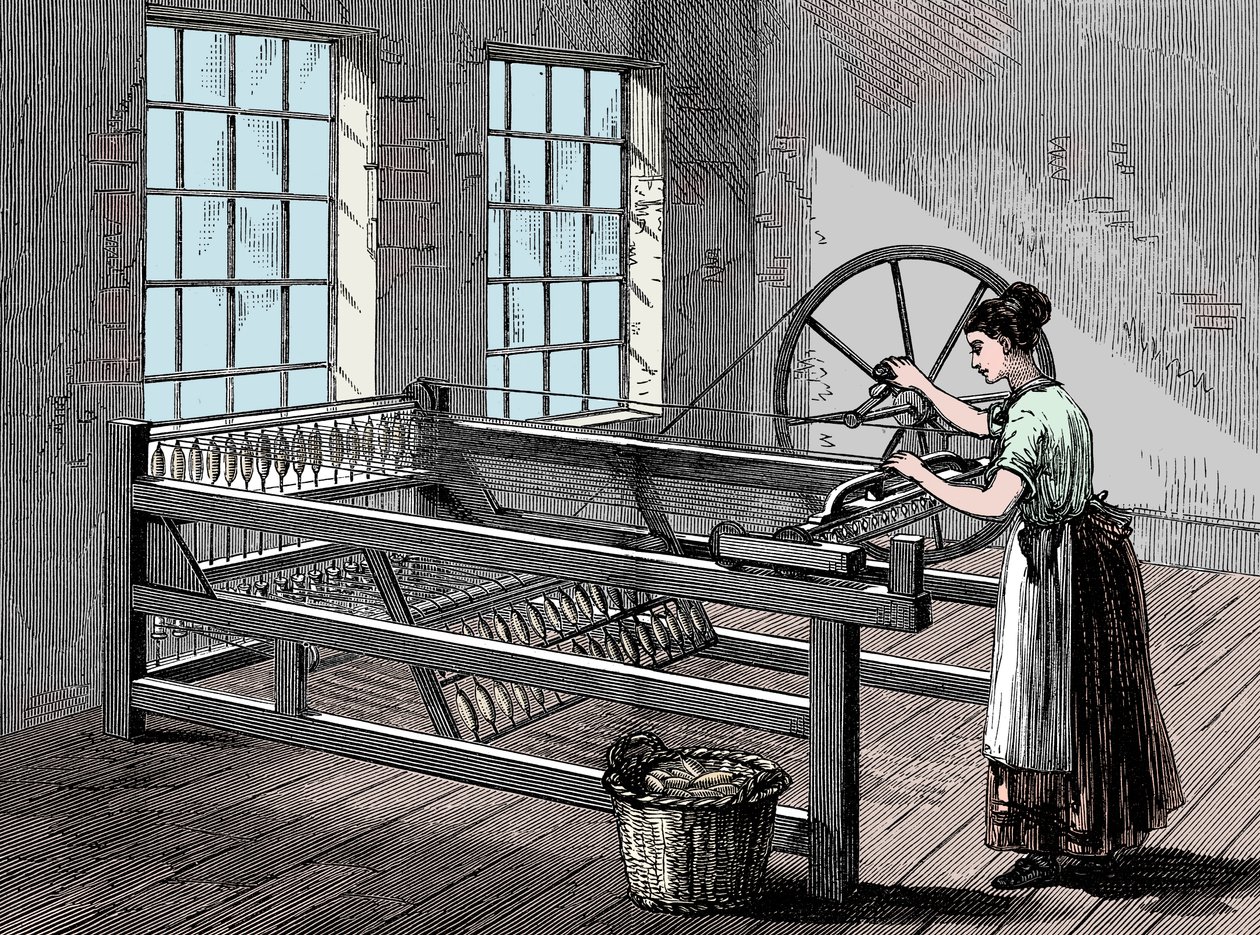 Donna che usa una Spinning Jenny, c. 1880 da Unbekannt