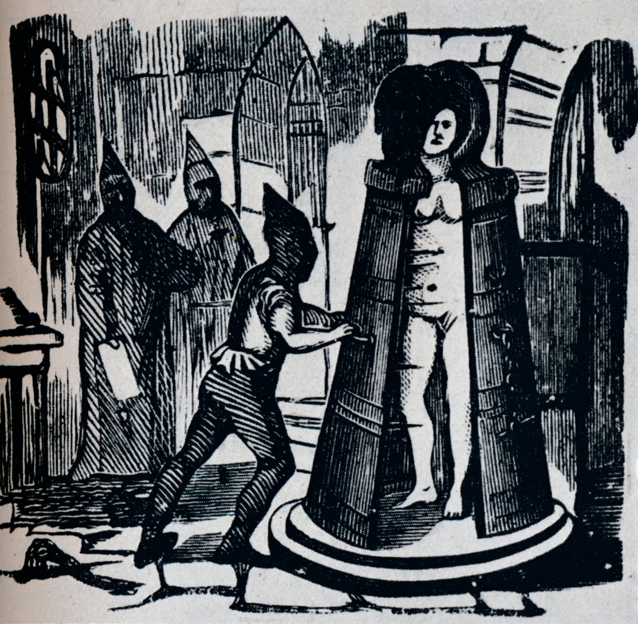 Xilografia che mostra la Vergine di Ferro di Geuders in un contesto di camera di tortura, c1870 da Unbekannt