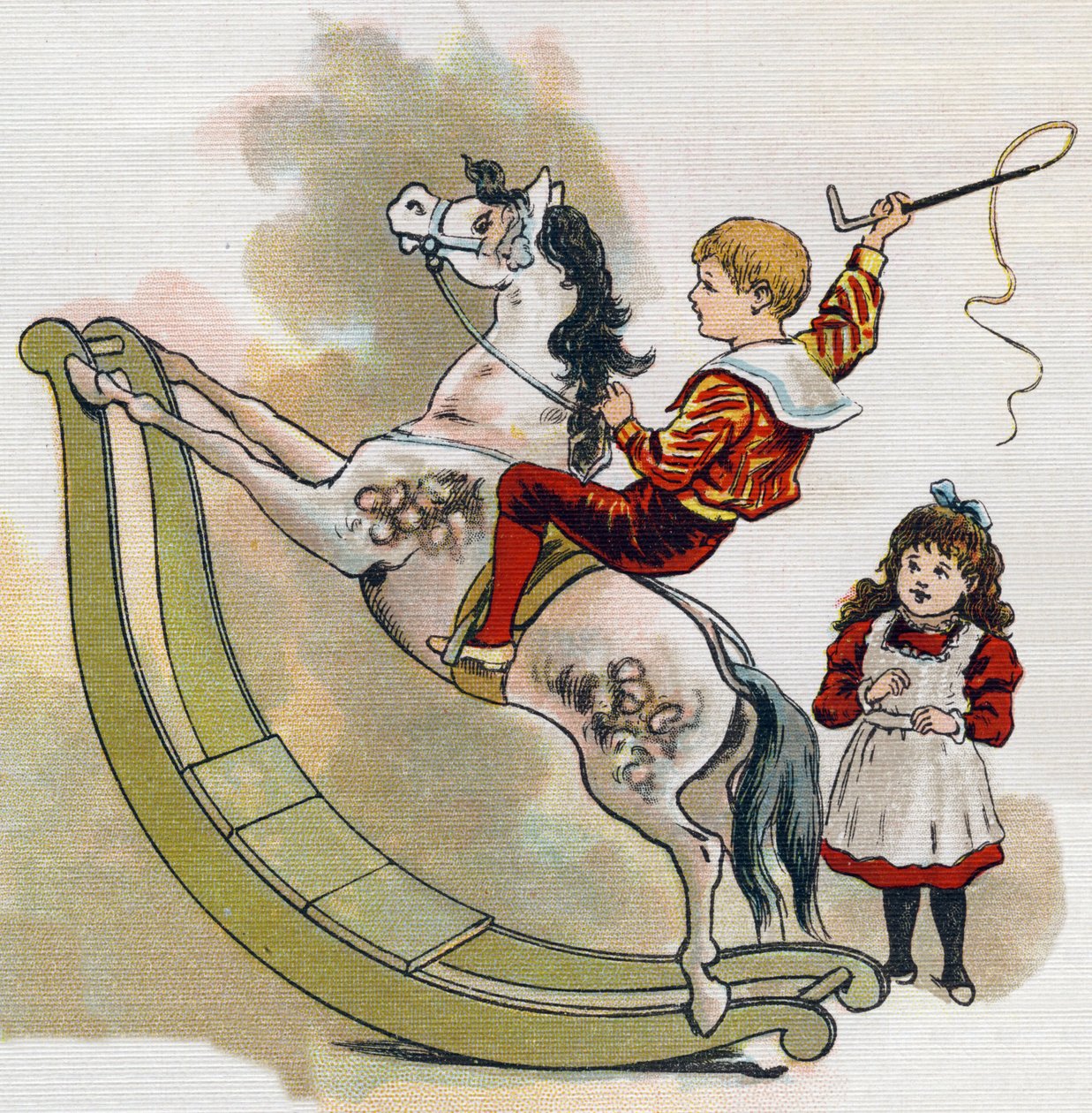 Ragazzo su un cavallo a dondolo con una frusta. Incisione in "ABC L