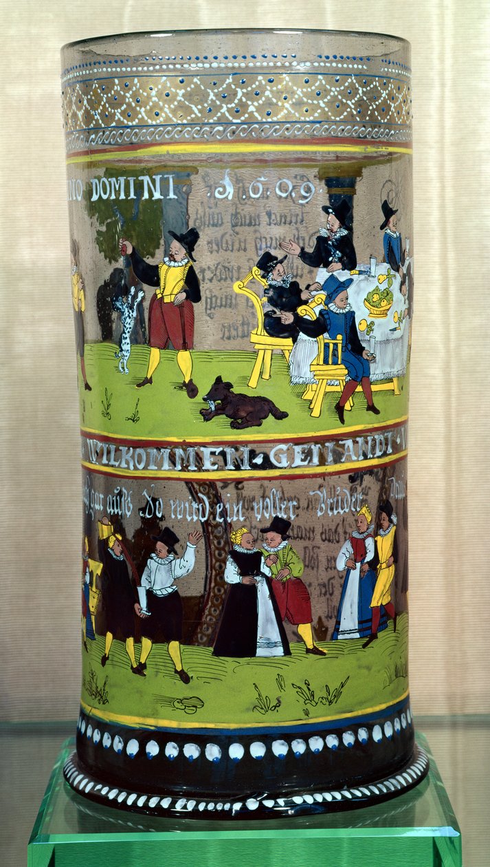 Un Humpen tedesco smaltato, datato 1609, decorato con scene di celebrazione da Unbekannt Unbekannt