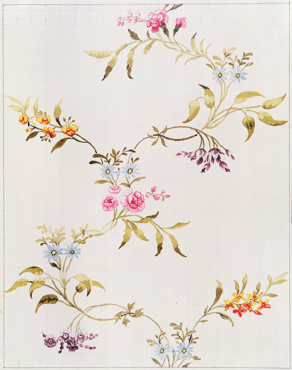 Design floreale di garofani e rose per un materiale di seta da tessere a Spitalfields, di Anna Maria Garthwaite (1690-1763), 1744 da Unbekannt Unbekannt