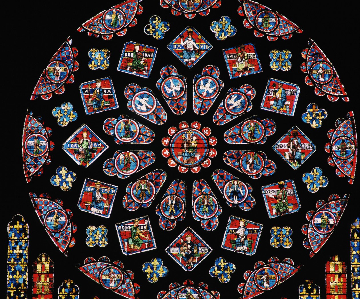 Glorificazione della Vergine Maria, con gli stemmi di Bianca di Castiglia sotto il rosone, rosone nord, c.1223 da Unbekannt Unbekannt