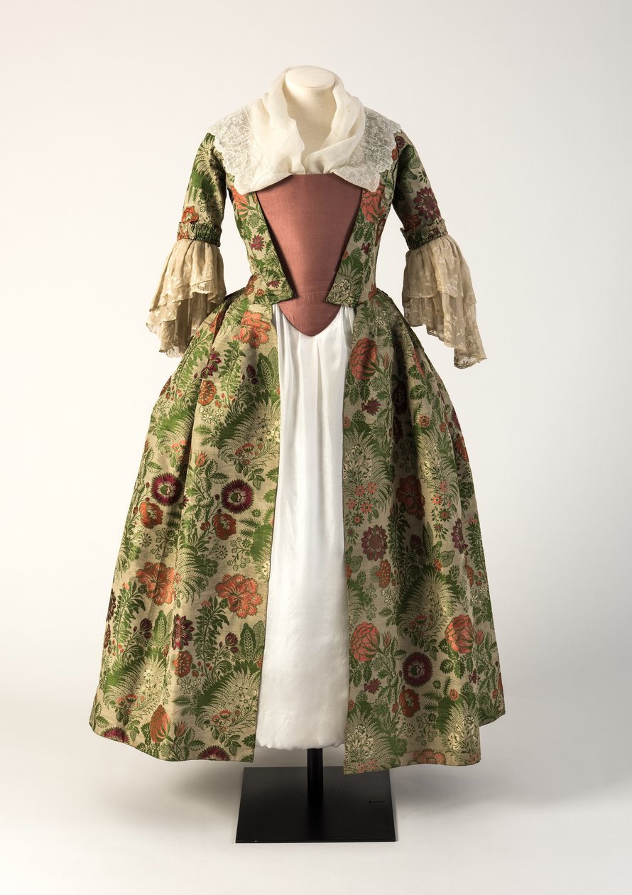 Abito aperto in broccato di seta verde e rosa, anni 1730 da Unbekannt Unbekannt