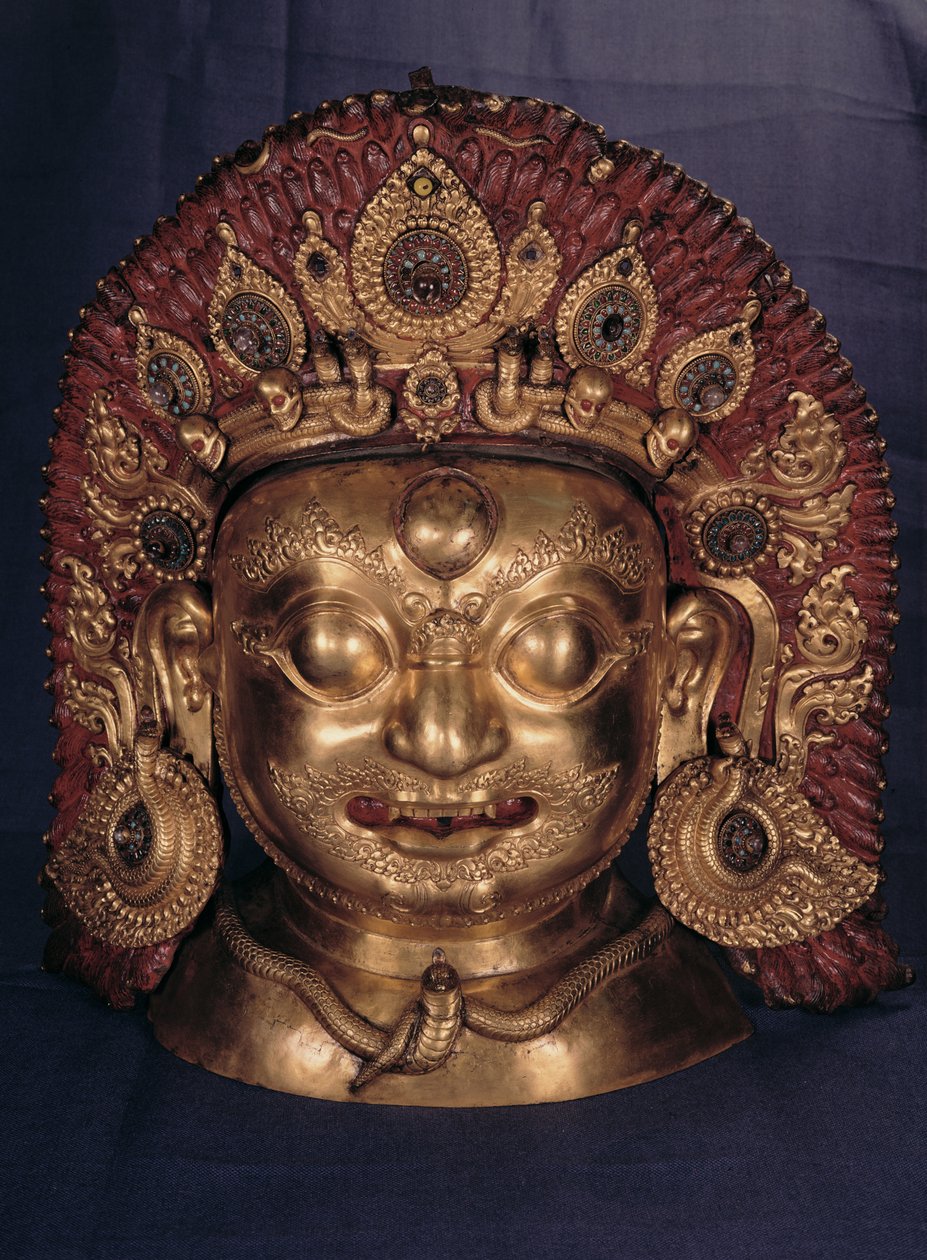 Testa di Bhairava, fine XVII secolo (rame sbalzato, dipinto e dorato) da Unbekannt Unbekannt