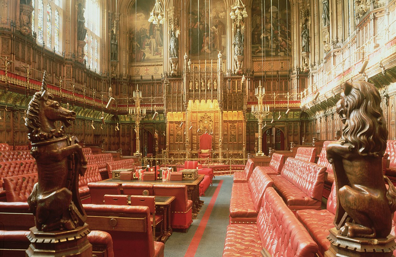 Palazzo di Westminster, Interno della Camera dei Lord c. 1844, Augustus Welby Pugin (1812-52) da Unbekannt Unbekannt