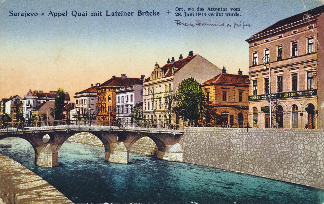 Cartolina raffigurante Sarajevo, il Quay Appel e il Ponte Lateiner, luogo dell