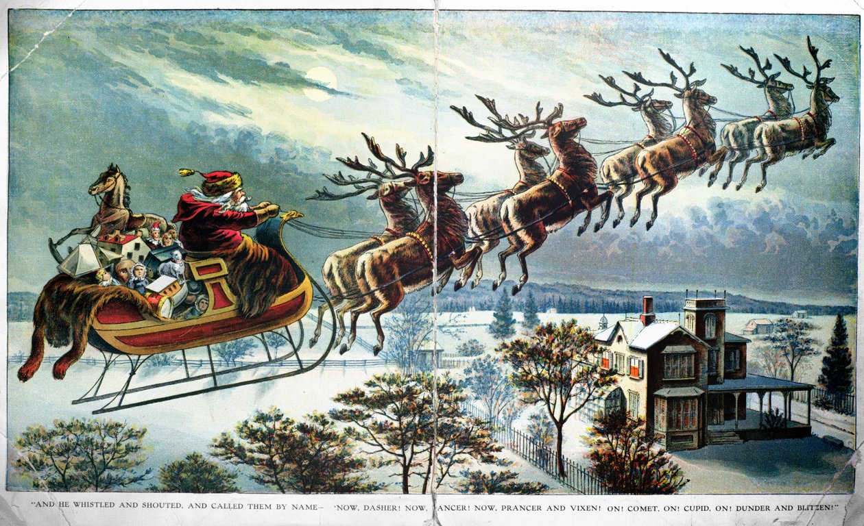 La prima uscita di Babbo Natale con slitta e renne, illustrazione per Una visita da San Nicola, di Clement Clarke Moore (1779-1863) 1890s da Unbekannt Unbekannt
