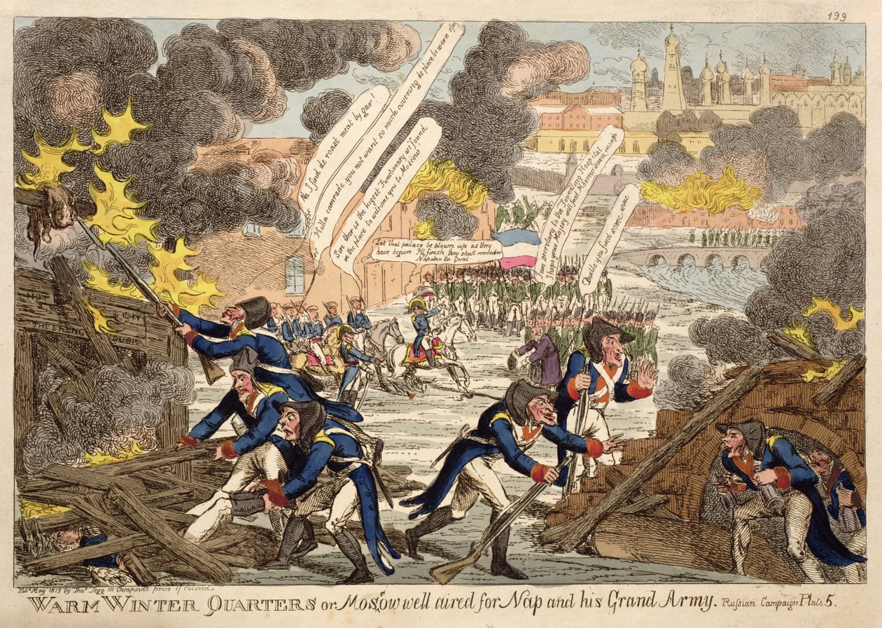 Quartieri invernali caldi o Mosca ben arieggiata per Napoleone e il suo Grande Esercito di Williams, da una serie intitolata la Campagna Russa maggio 1813 da Unbekannt Unbekannt