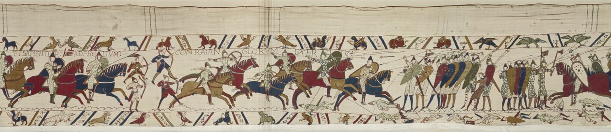 La cavalleria normanna attacca il muro di scudi inglese e la battaglia è iniziata, Arazzo di Bayeux da Unbekannt Unbekannt