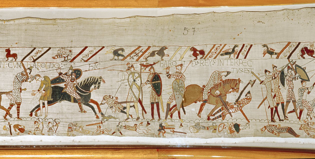 Molti cadono in battaglia e il re Harold viene ucciso, Arazzo di Bayeux da Unbekannt Unbekannt