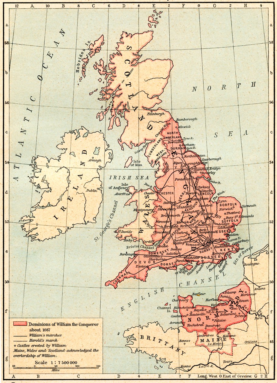 Mappa della Gran Bretagna che mostra i domini di Guglielmo il Conquistatore, c.1087, da Historical Atlas, pubblicato nel 1923 da Unbekannt Unbekannt