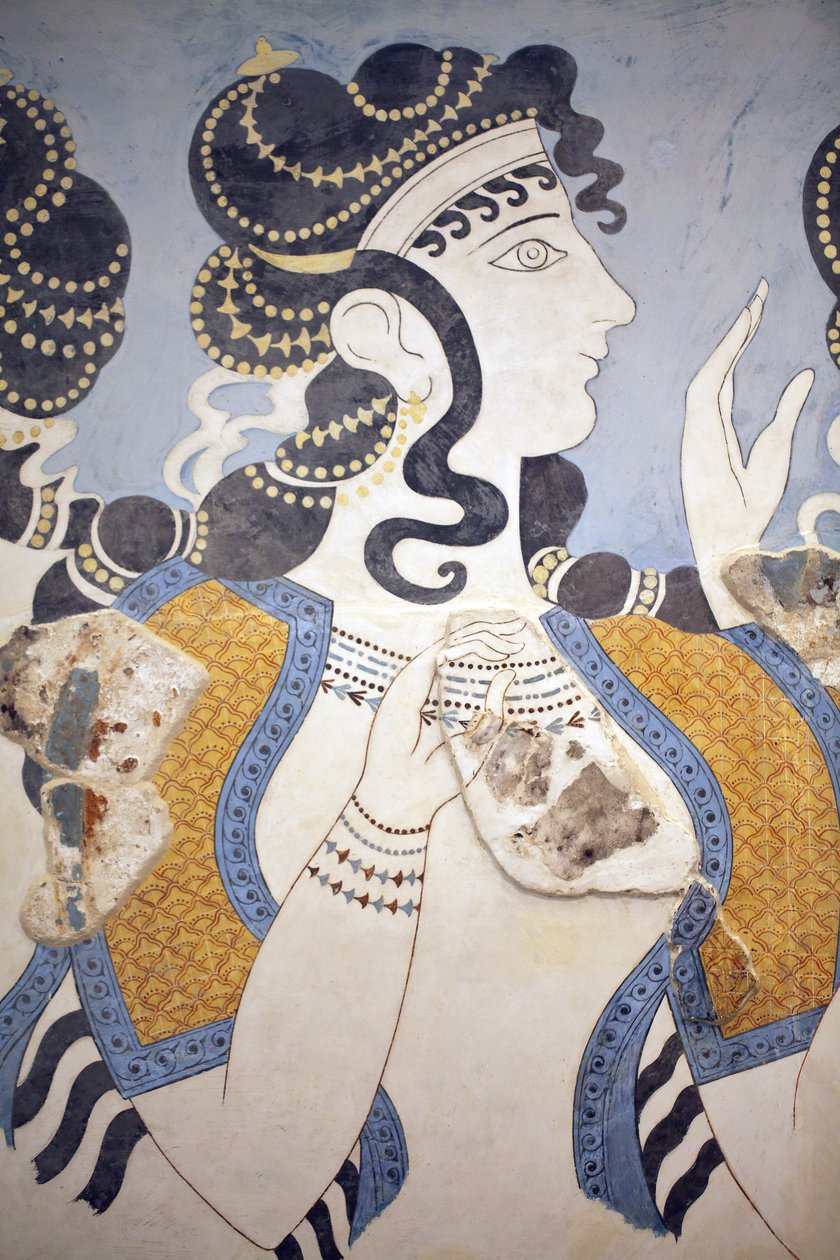 Arte minoica. Dettagli del "Signore in blu". Composizione di figura femminile riccamente vestita e adornata, raffigurata su sfondo blu. Nonostante la sua condizione frammentaria, questo affresco trasmette il significato di opulenza e prosperità da Unbekannt Unbekannt