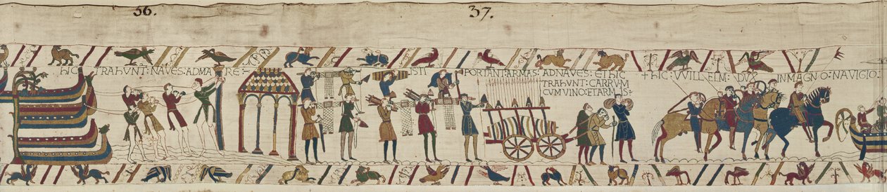 I Normanni trasportano armi alle navi e tirano un carro carico di vino e armi, Arazzo di Bayeux da Unbekannt Unbekannt