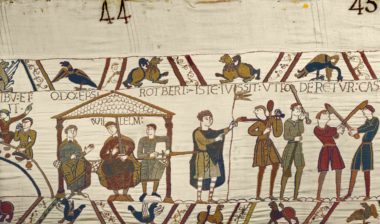Guglielmo, con Roberto di Mortain e il vescovo Odone ordina la costruzione di fortificazioni a Hastings, Arazzo di Bayeux da Unbekannt Unbekannt