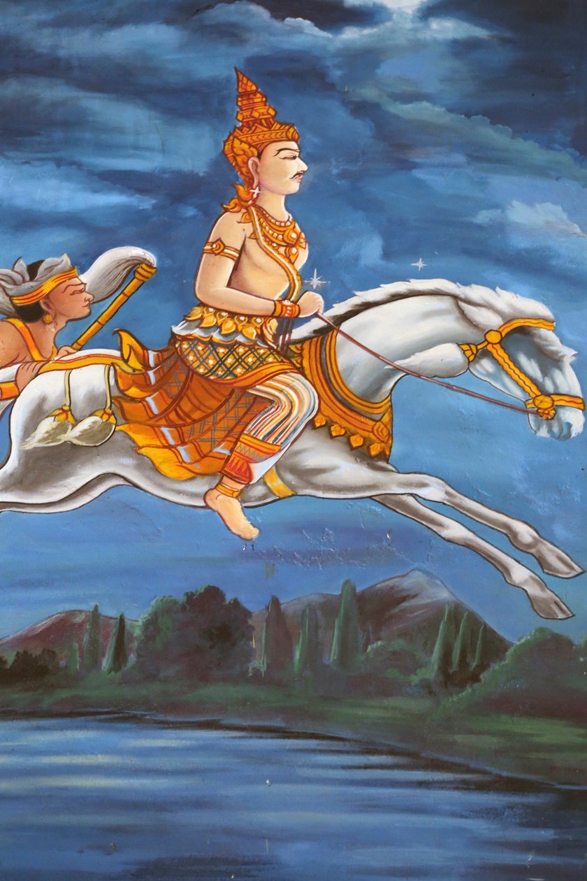 Wat Haysok. Dipinto che raffigura la storia della vita del Buddha Shakyamuni. Il Buddha lascia il suo palazzo di notte sul suo cavallo Kanthaka seguito dal suo auriga Channa, Vientiane, Laos da Unbekannt