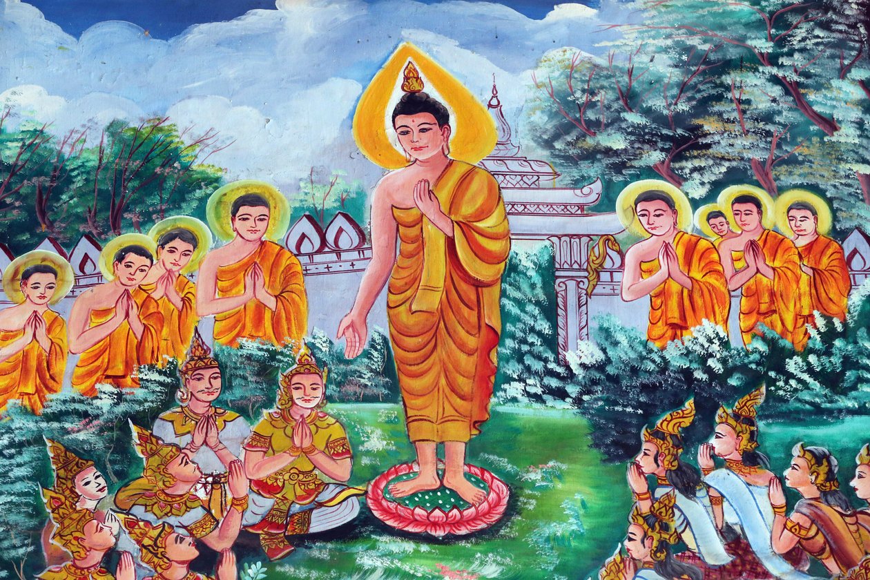 20151029, Vientiane, Laos: Tempio buddista Wat Inpeng. Dipinto raffigurante la storia della vita di Shakyamuni Buddha da Unbekannt
