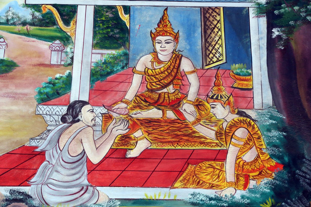 Wat Inpeng, tempio buddista. I Racconti Jataka sono narrazioni sulle vite precedenti del Buddha (cioè, prima che nascesse per l