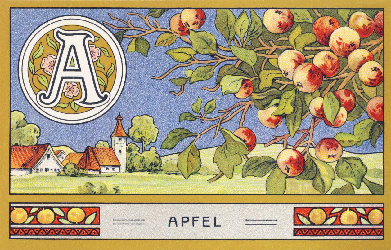 A : Apfel - Alphabet Palmin. Serie di cromolitografie edite da H. Schlinck & Cie, Amburgo, s. d. Pubblicità per Palmin feinstes Cocosfett. Dimensioni: 7 x 11 cm da Unbekannter Künstler