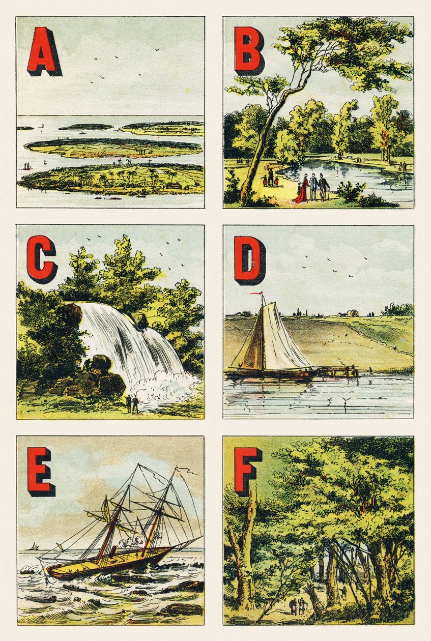 A B C D E F : arcipelago, Bois de Boulogne, cascata, diga, scoglio, foresta di Fontainebleau - Gravura tratta da Alfabeto geografico. Guerin-Muller et Cie, editori, Parigi da Unbekannt