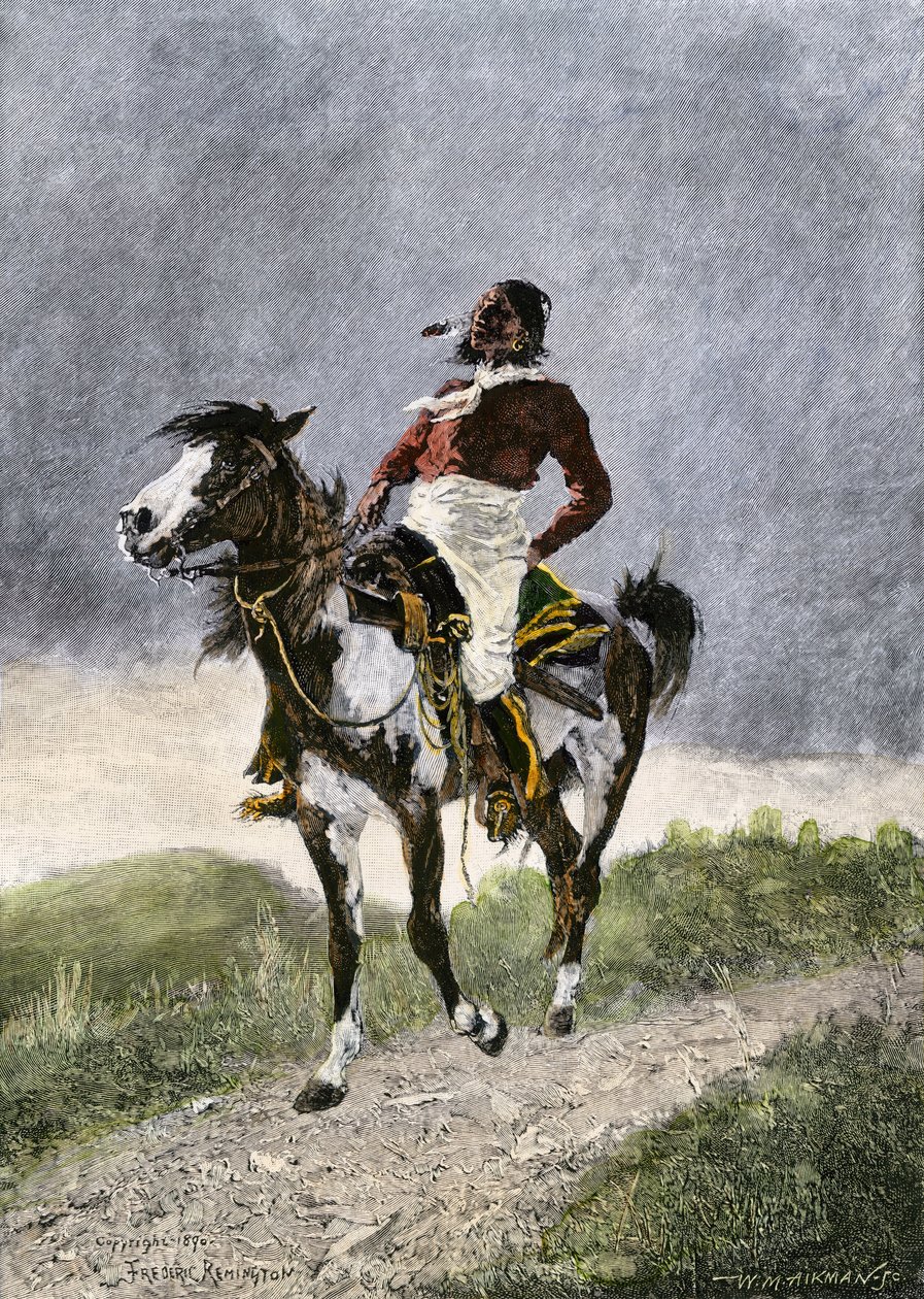 Un coraggioso Comanche, in viaggio a cavallo nelle praterie meridionali (Texas, Oklahoma, USA), circa 1800. Litografia da Unbekannter Künstler