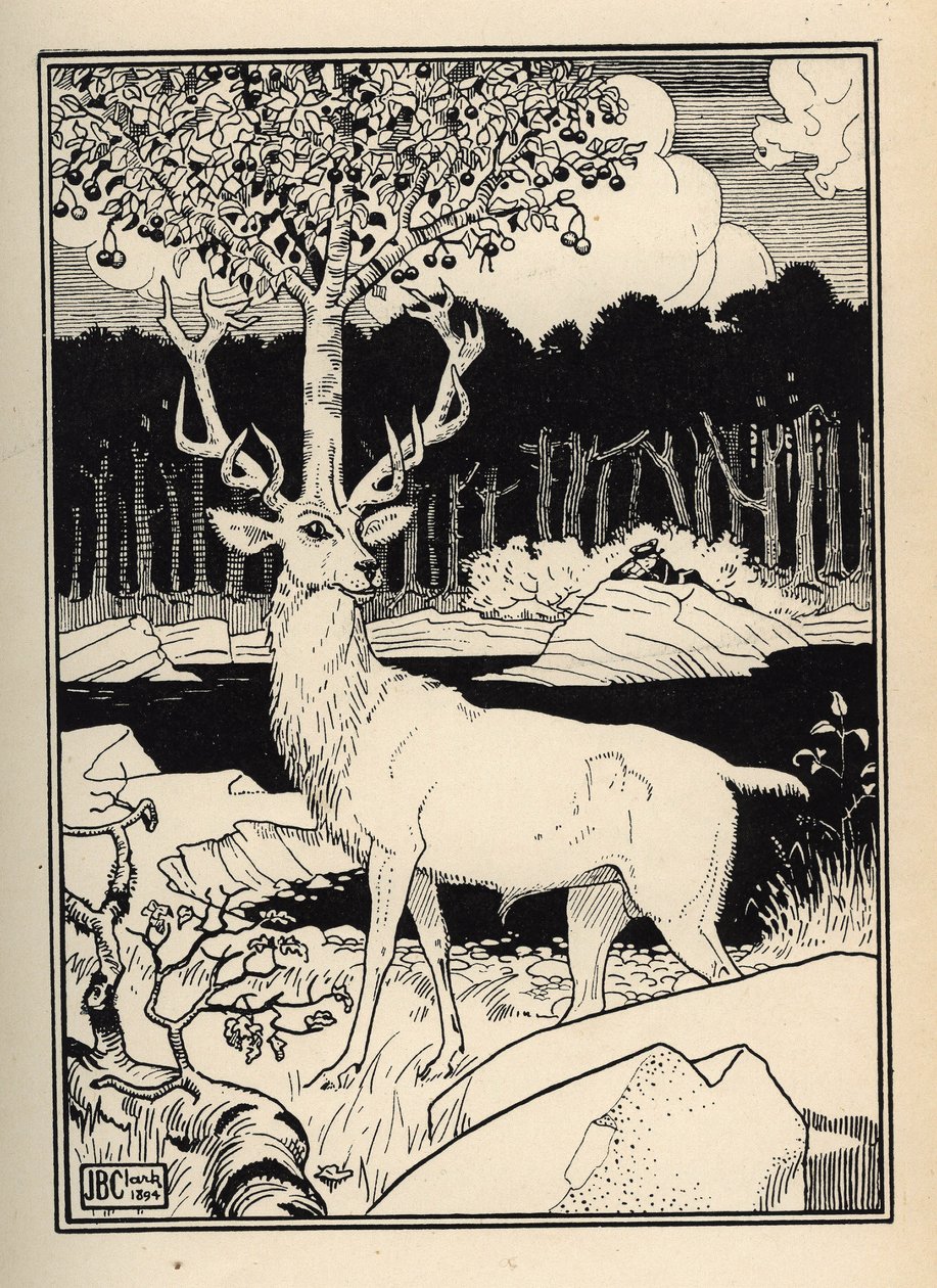 Un ciliegio sulla testa di un cervo colpito dalle pietre delle ciliegie lanciate dal Barone di Munchausen. Illustrazione di William Strang (1859-1921) e JB Clark da 