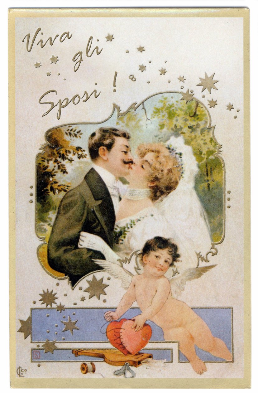 Una coppia di sposi che si baciano. Cartolina circa 1901 da Unbekannter Künstler