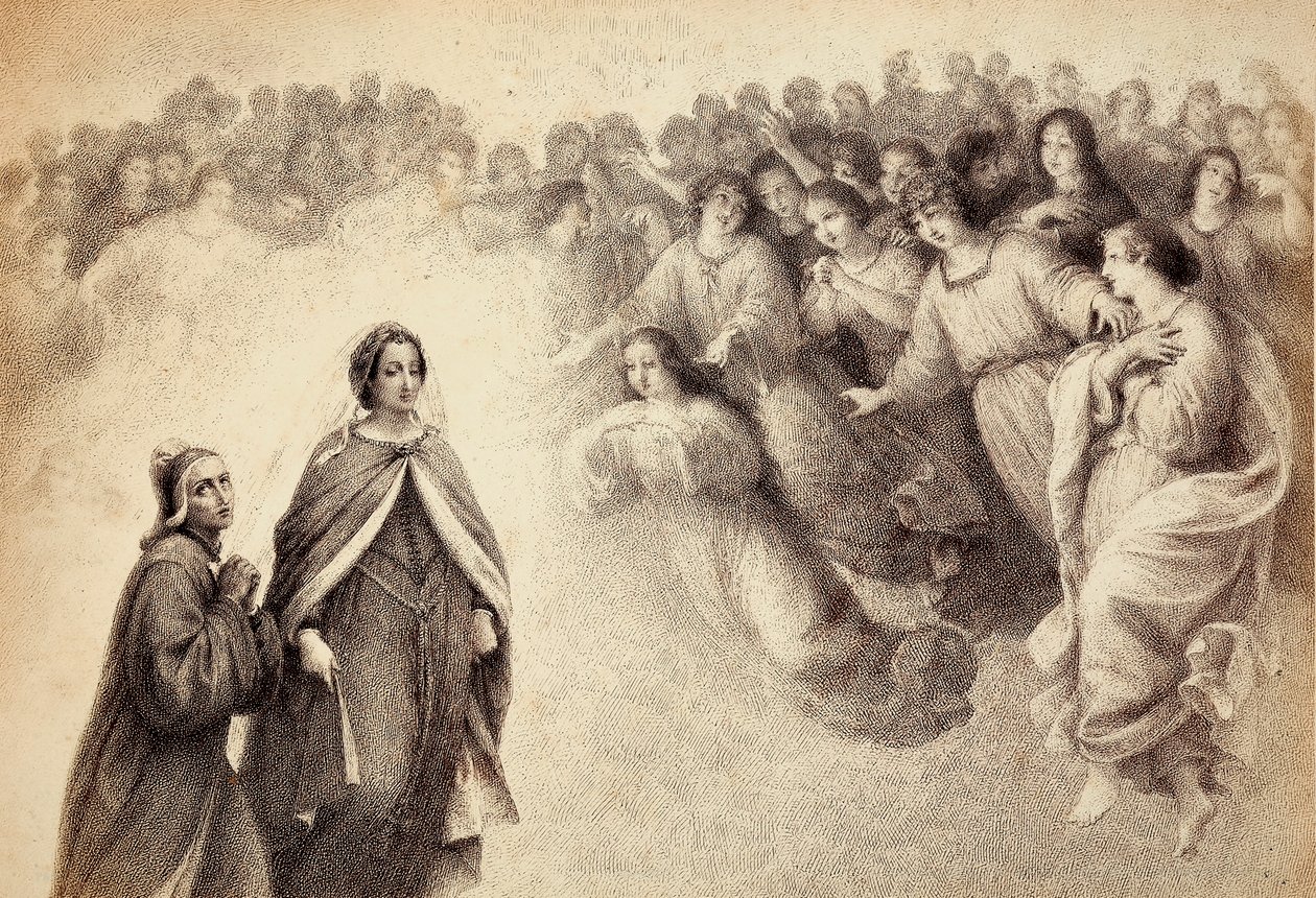 Un gruppo di ombre si avvicina a Dante e Beatrice. Illustrazione del Canto V del Paradiso della Divina Commedia di Dante Alighieri. Opera di Francesco Scaramuzza dedicata al Comune di Firenze. da Unbekannter Künstler