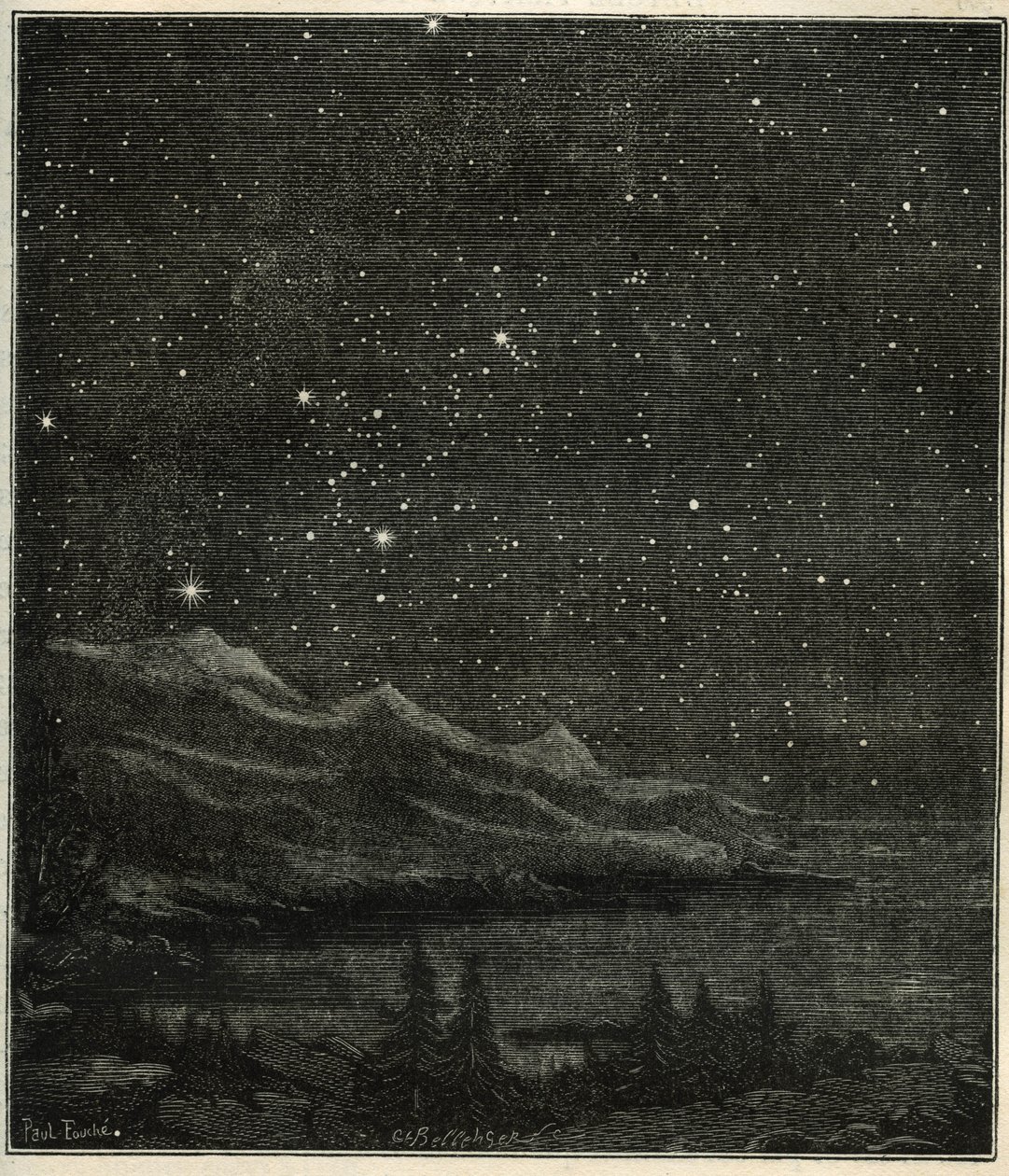 Una notte stellata perfetta per osservare il cielo. Incisione da Les étoiles et les autres curiosités du ciel di Camille Flammarion da Unbekannter Künstler
