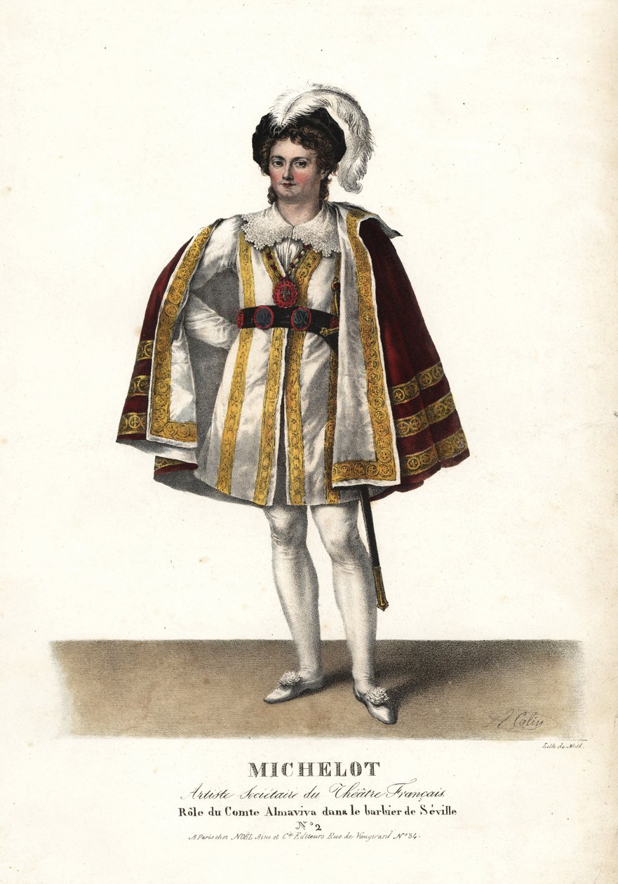 Attore Pierre Marie Nicolas Michelot come il Conte Almaviva in Il barbiere di Siviglia di Pierre Beaumarchais, Théâtre Français da Unbekannter Künstler