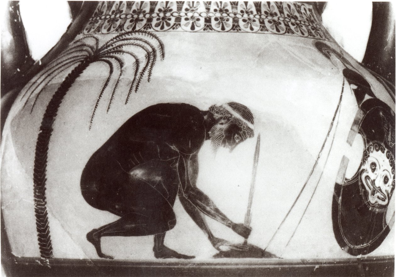 Aiace si prepara alla sua morte, illustrazione da un vaso cratere greco del VI secolo a.C. (incisione) (foto b/n) da Unbekannt
