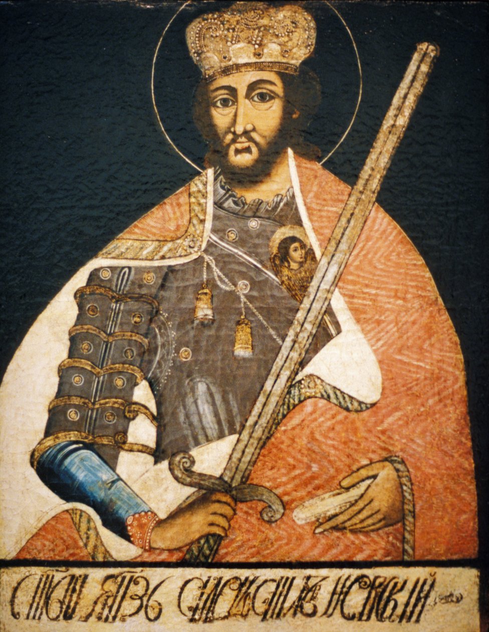 Alessandro Nevsky raffigurato come un santo guerriero in un ritratto di un artista sconosciuto del primo XVIII secolo, Museo storico statale, Mosca da Unbekannter Künstler